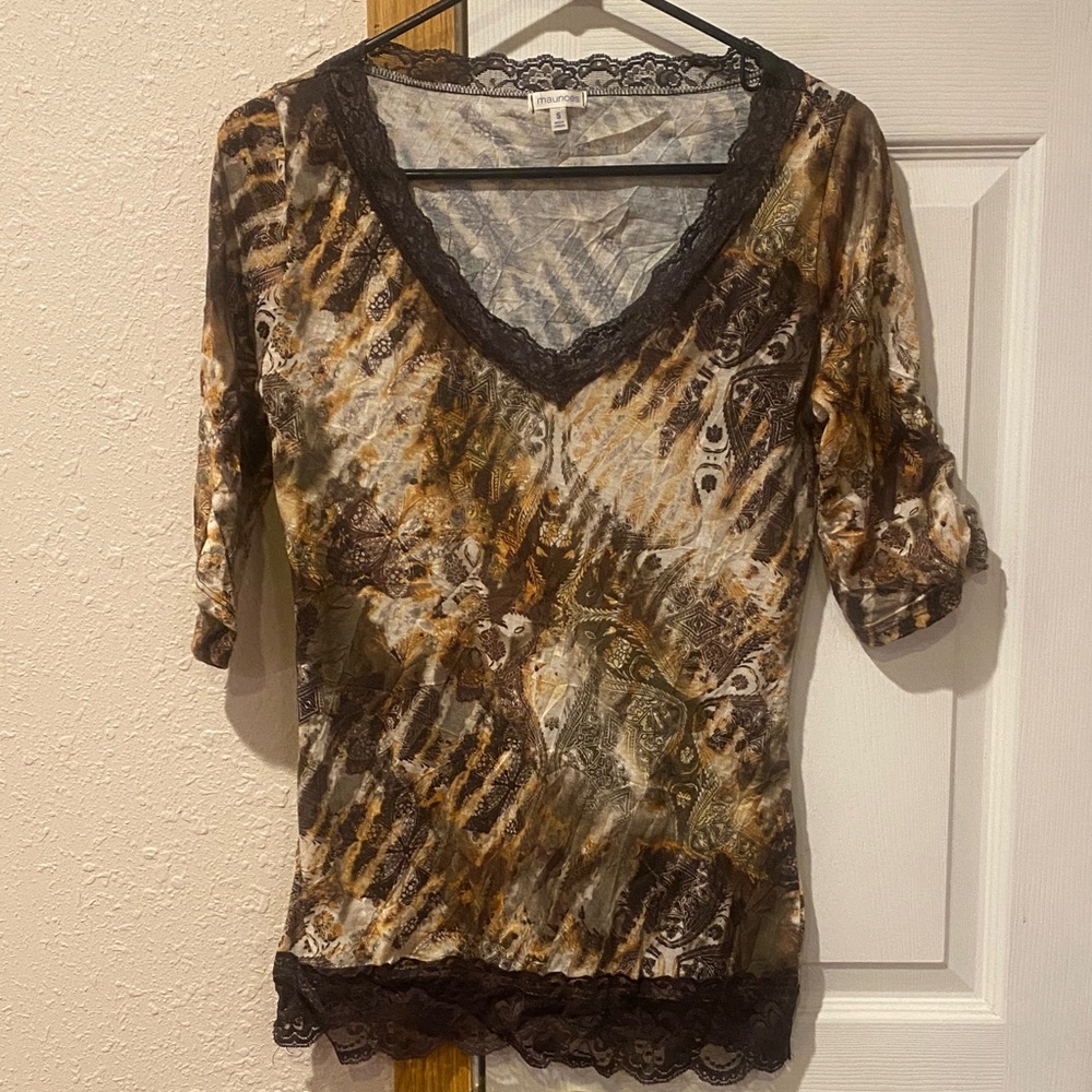 Maurices Multicolor Patterned Blouse with Lace Trim